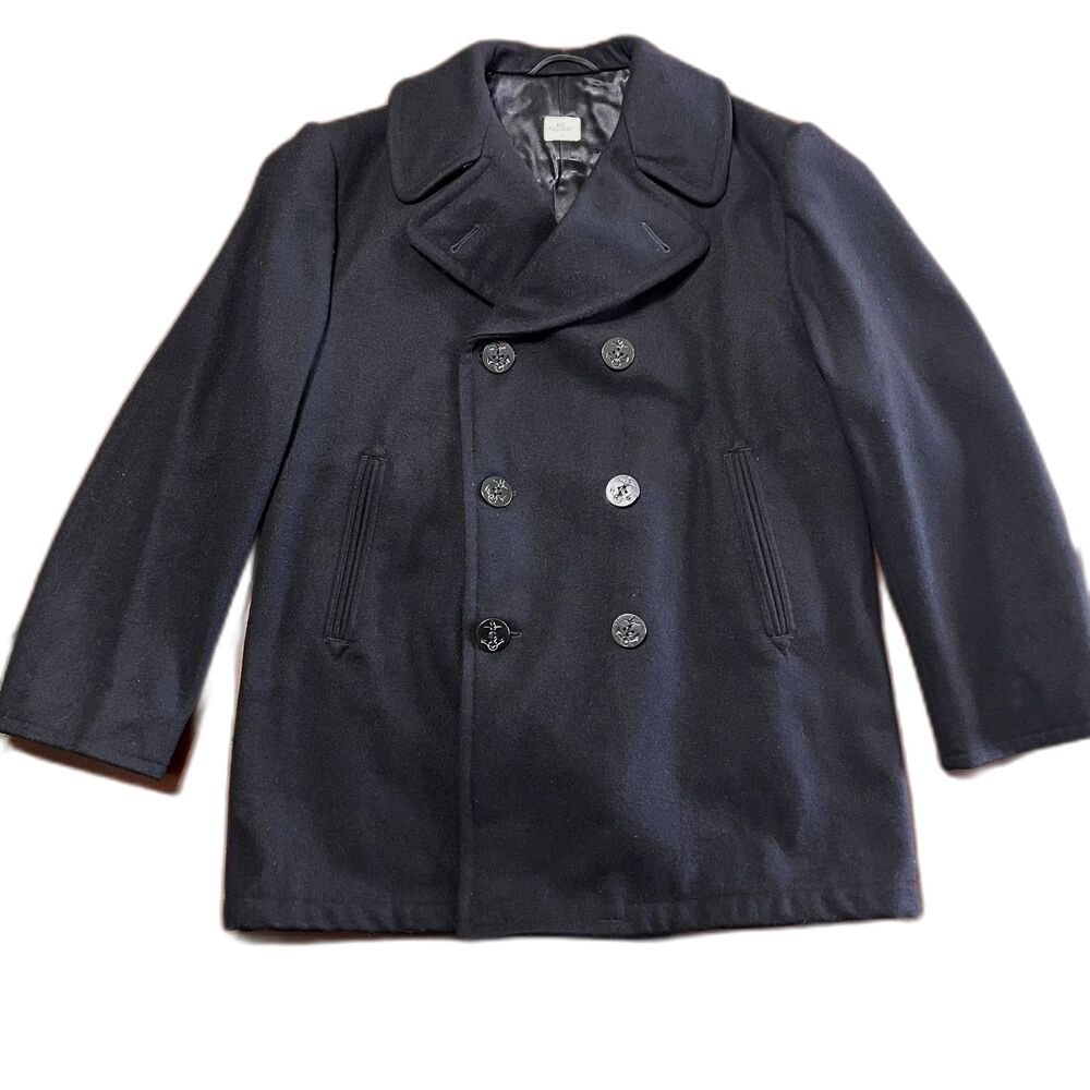 US Navy Mens Military Black Wool Double Breasted Pea Coat Overcoat EUC!